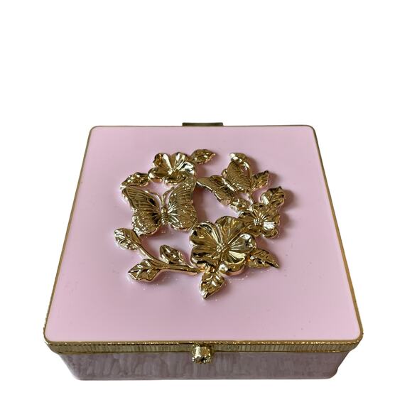 Pink and Gold Butterfly Floral Trinket Box 4in Square Enamel & Metal NEW - Picture 1 of 12
